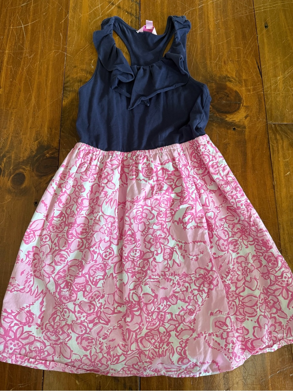 Lilly Pulitzer Navy and Pink Ruffle Top Floral Skirt Dress